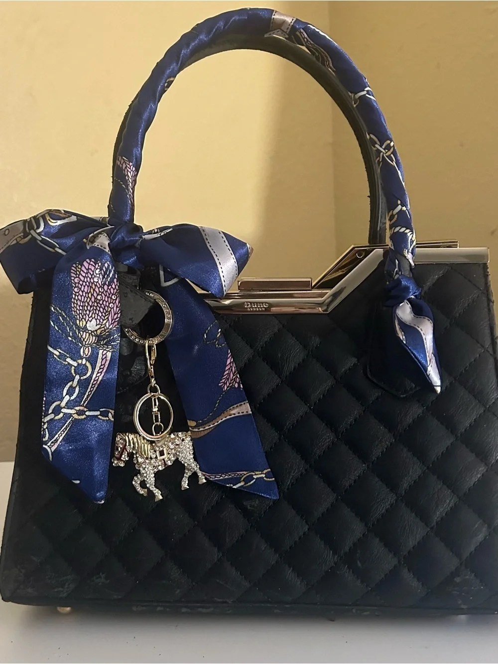 Twilly Silk Handbag Headband Neck Tie Scarf. Blue Navy Gold Good pair w/ Dior